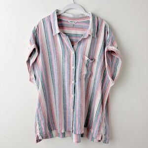 Orvis Linen Blend Button Down Shirt Womens XL Stripe Cap Sleeve Coastal Beachy